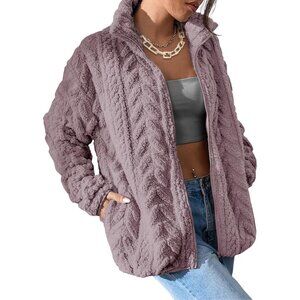 Women's Purple Fleece Jacket 2026 Zipper Stand Collar Casual Coats with Pockets